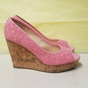 Cute Pink Bamboo Wedges Cork Heel Open Toe EUC